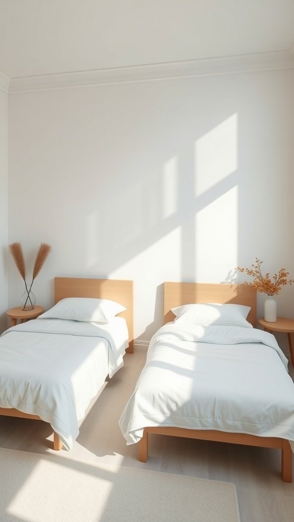 A modern bedroom featuring two minimalist twin beds with white bedding and simple decor.