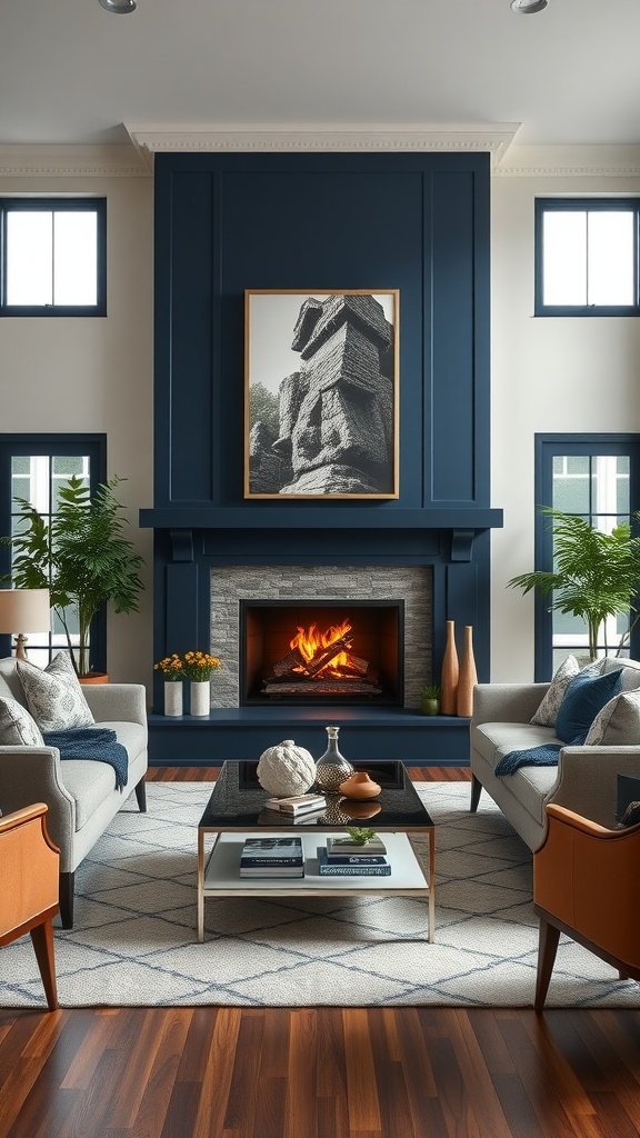 A modern living room featuring a navy blue fireplace, gray sofas, and stylish decor.