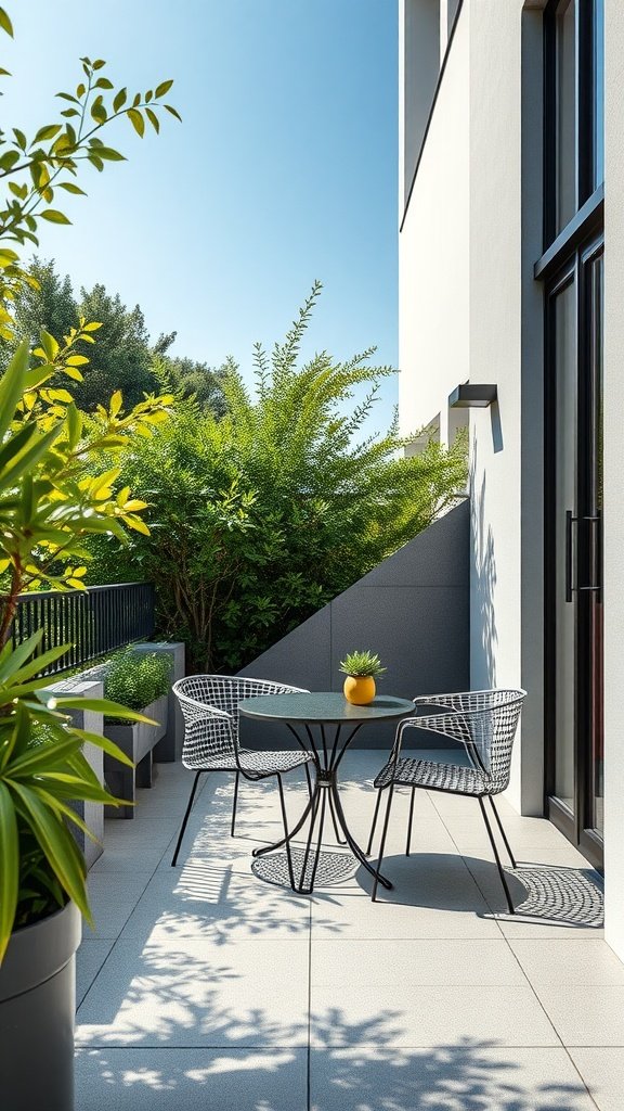 A modern patio featuring a bistro set surrounded by lush greenery.
