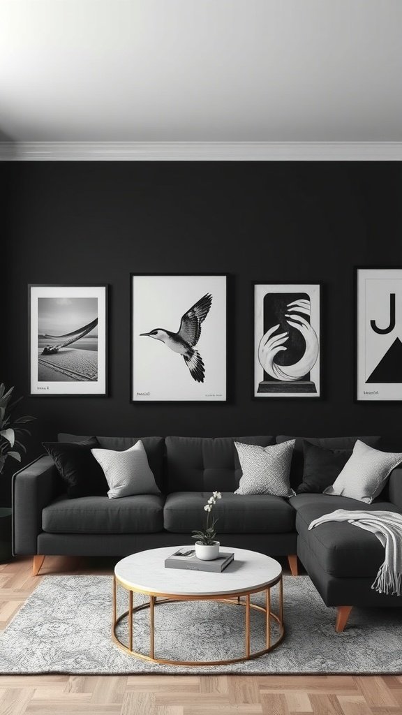 Stylish black living room with monochrome art on the walls.