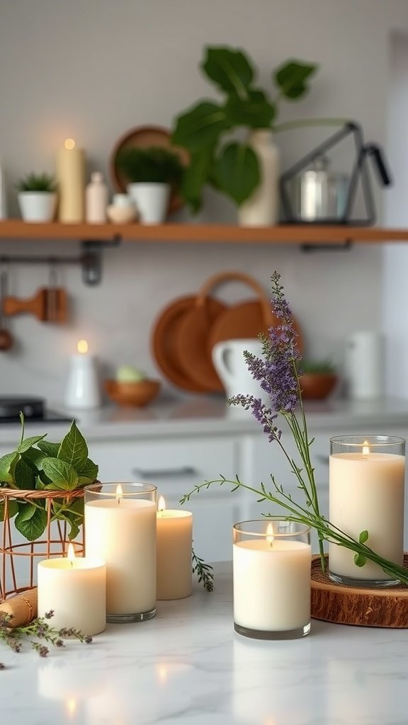 A cozy kitchen with lit candles and fresh herbs, enhancing the ambiance.
