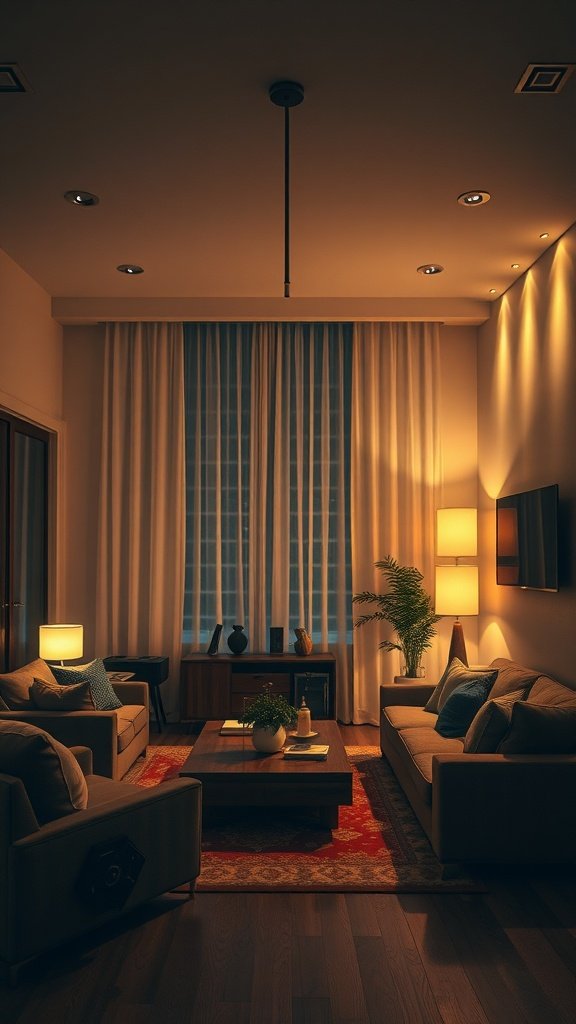 Warmly lit living room with comfortable sofas and a decorative table.