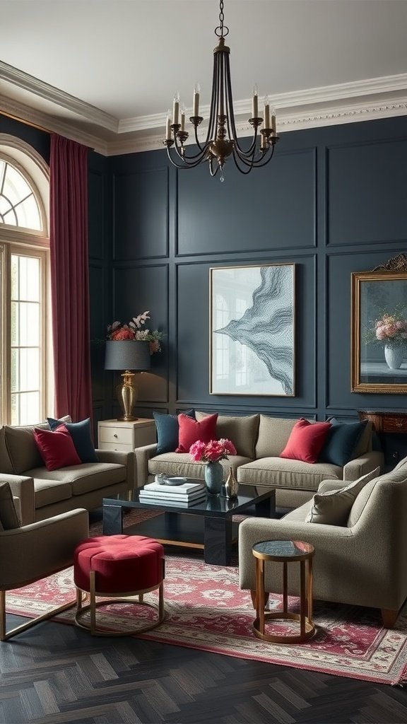 A stylish dark living room with navy walls, red and blue accents, and elegant furnishings.