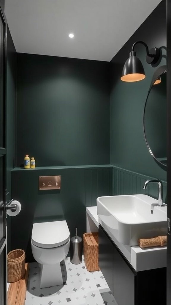 A dark green bathroom featuring minimalistic decor with modern fixtures and natural elements.