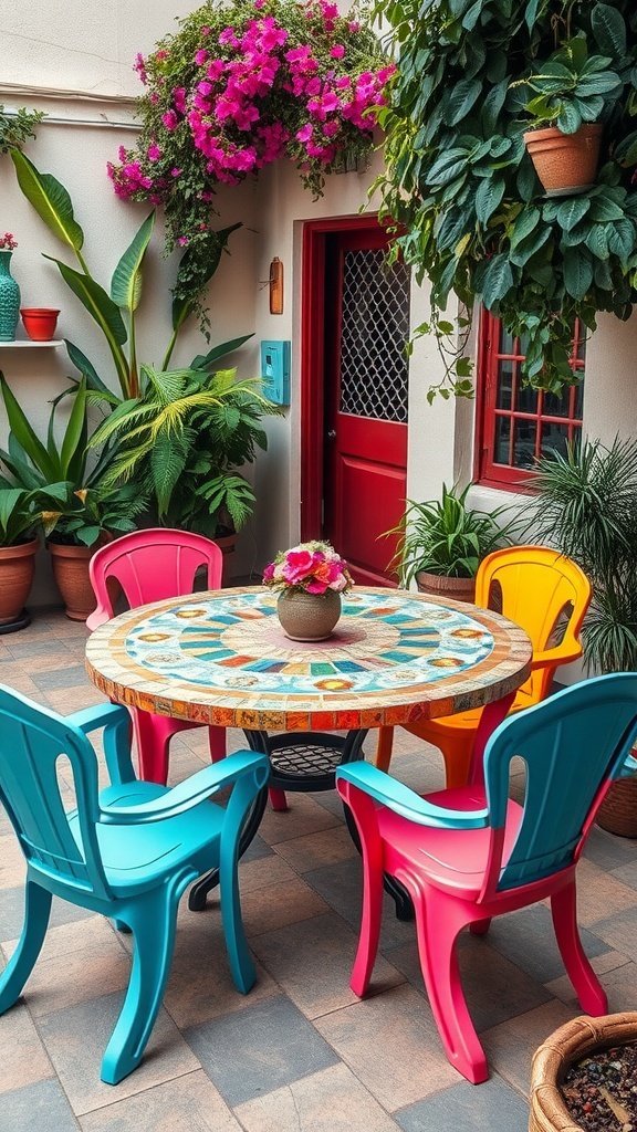 A vibrant outdoor sitting area featuring a mosaic-tiled table surrounded by colorful chairs and lush plants.