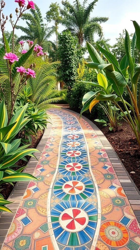 Colorful mosaic tile walkway surrounded by lush greenery and flowers.