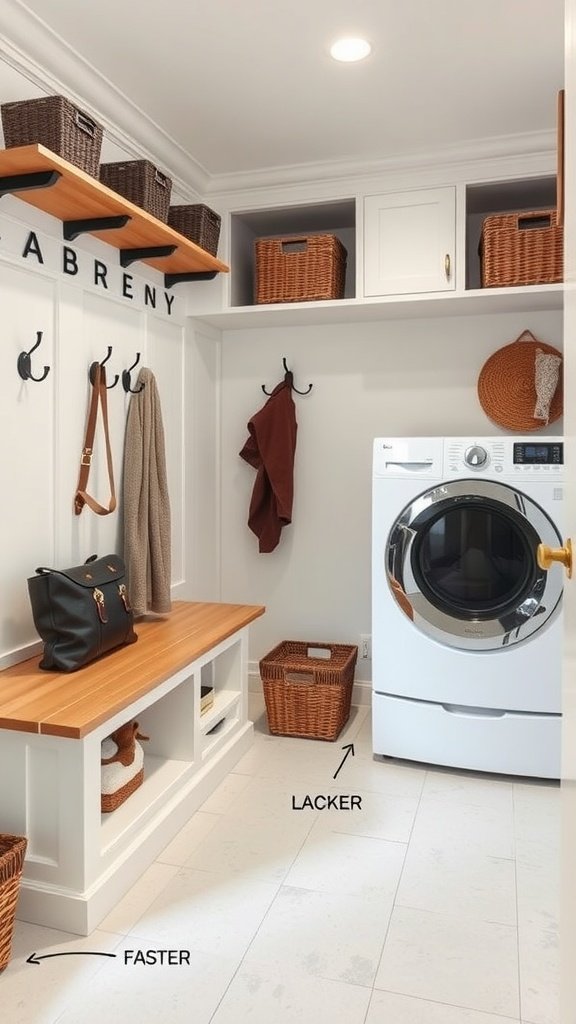 A well-organized mudroom-laundry room combo featuring a stacked washer and dryer, storage baskets, and a cozy bench.