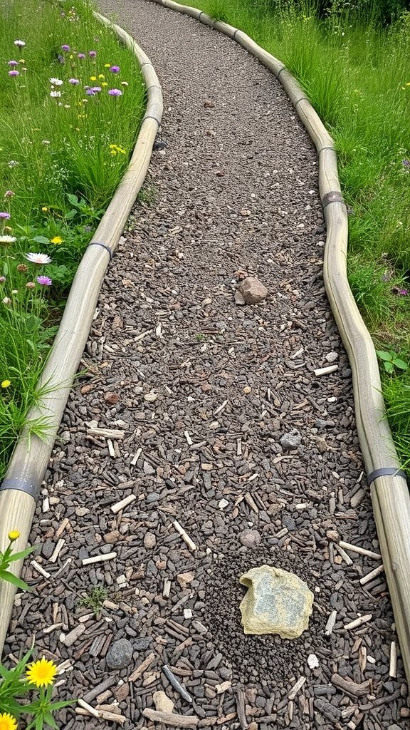A winding path made of mulch bordered by timber edging, surrounded by flowers and greenery.