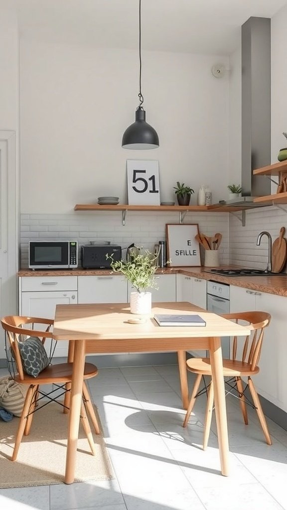 A cozy small kitchen featuring a multi-functional table and stylish storage.