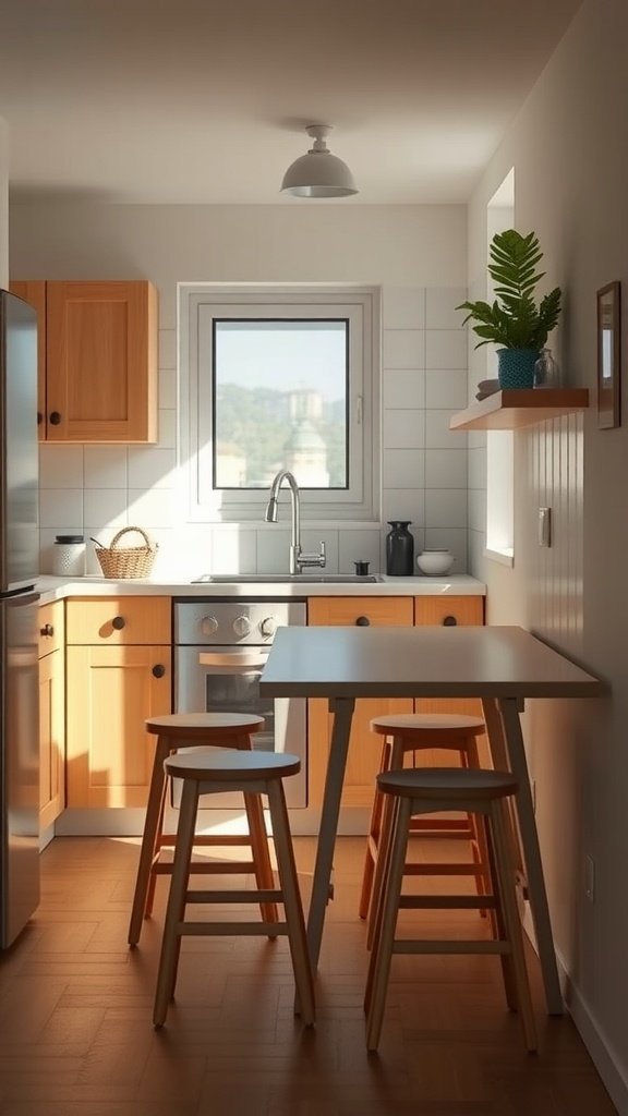 A cozy kitchen with a small table and stools, showcasing multi-functional furniture.