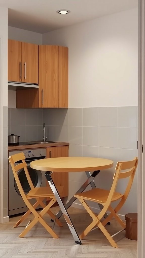 A small kitchen with a foldable round table and stackable chairs.