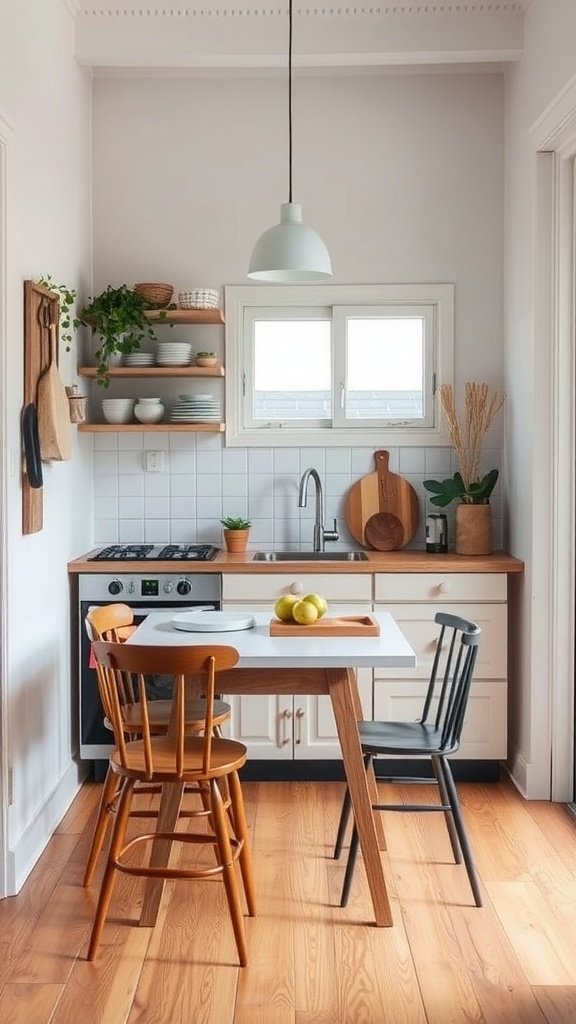 A cozy tiny kitchen with a small table and multi-functional furniture.