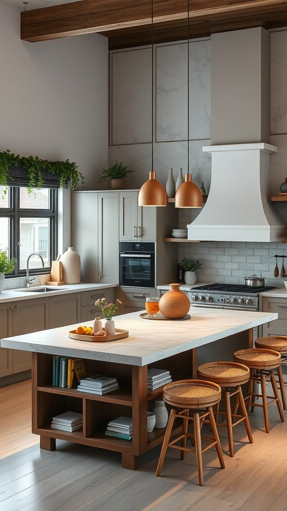 A modern kitchen featuring a multi-functional island with seating, a sleek countertop, and stylish decor.