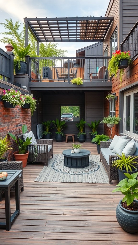 A multi-level deck featuring stylish seating arrangements surrounded by plants.