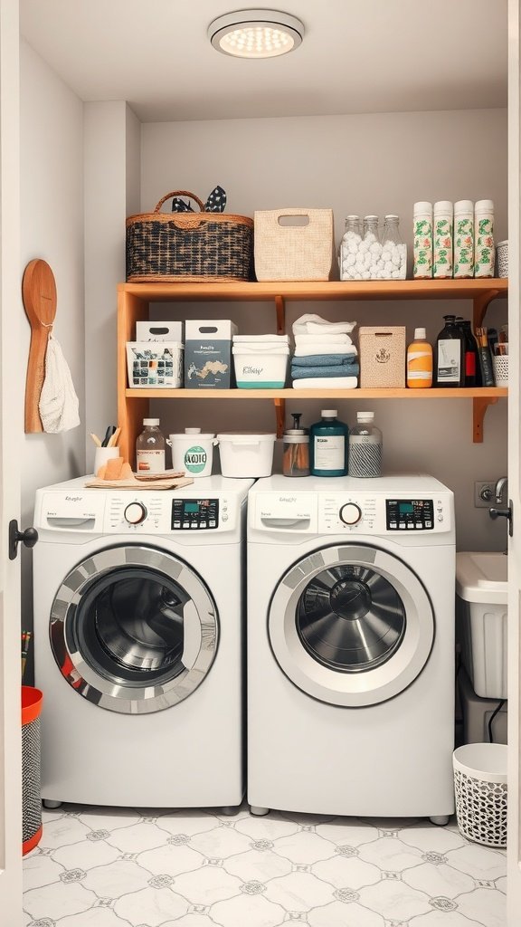 A modern laundry room featuring a stacked washer and dryer, stylish storage solutions, and organized cleaning supplies.
