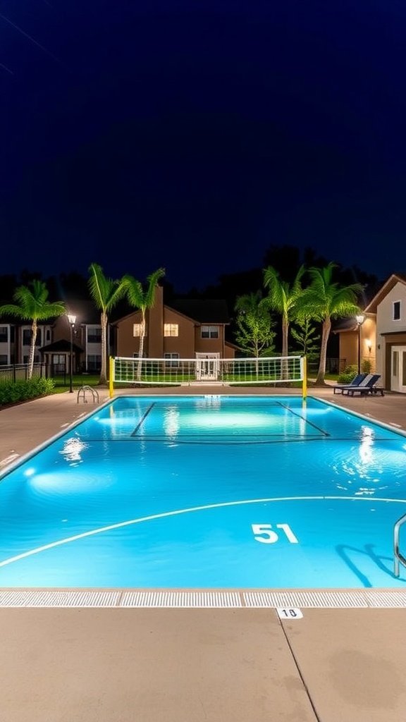 A large swimming pool with volleyball net and colorful beach balls.