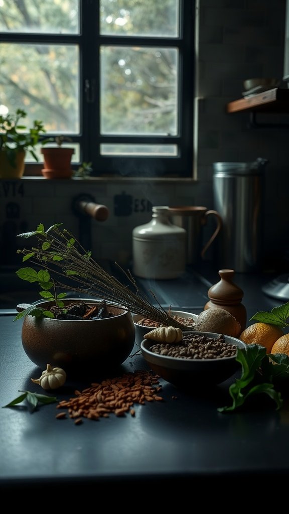 A cozy kitchen scene with various spices and herbs on the counter.