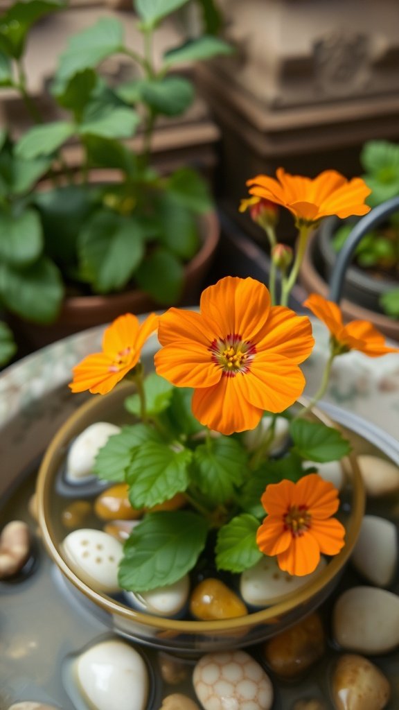 A close-up of bright orange nasturtium flowers in a bowl of water with decorative stones.