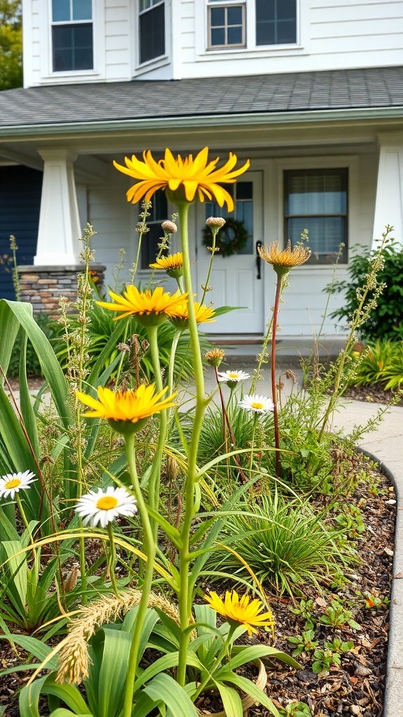 A colorful front yard with native flowers and plants.