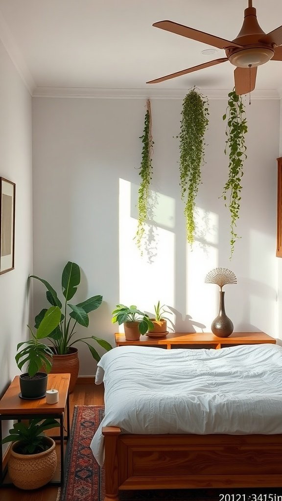 Cozy Indian bedroom with plants and wooden furniture.