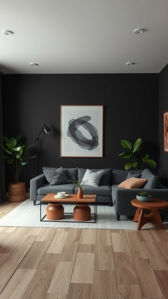 A stylish living room with dark walls, a comfortable sofa, and natural elements like plants.