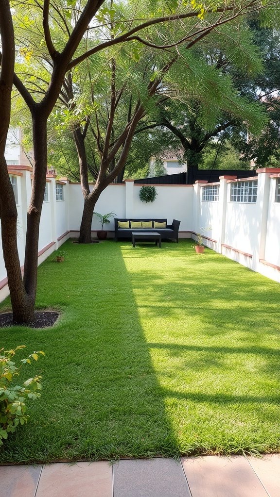 A lush green grass patio area with seating and trees.