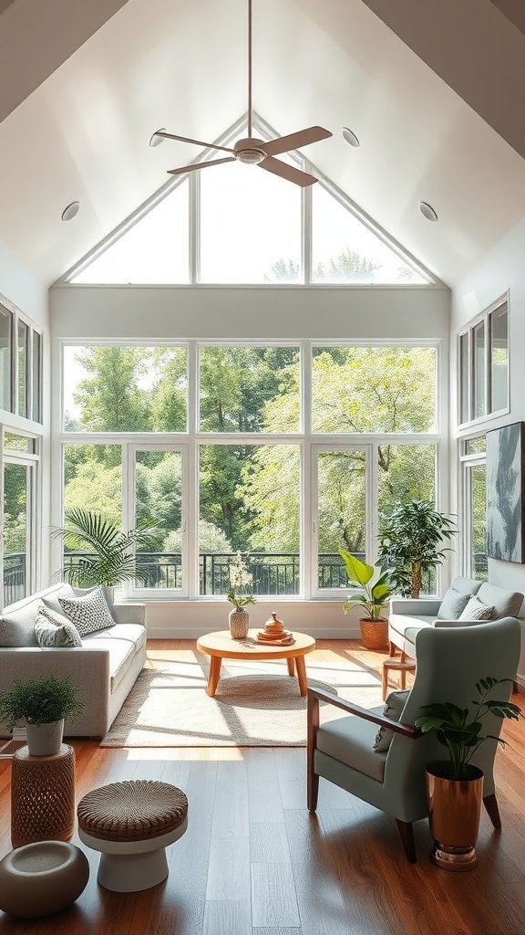 Bright and airy living room with large windows, featuring an olive couch and natural decor.