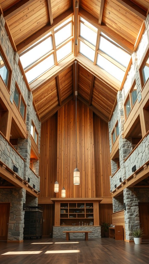Interior design featuring high ceilings, natural wood and stone materials.