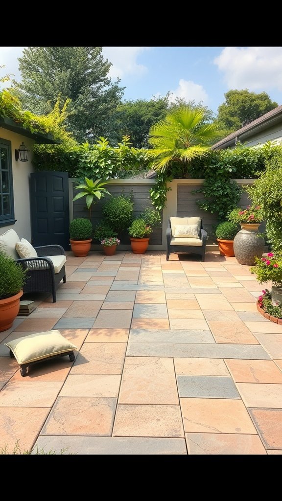 Patio with natural stone tiles and lush greenery