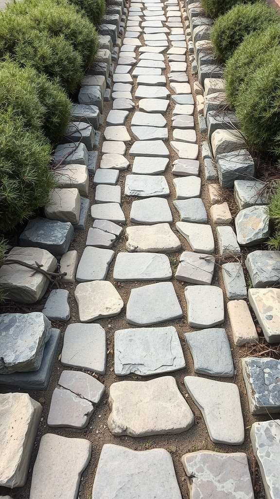 A natural stone flagstone path bordered by small bushes.