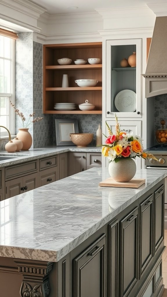 A kitchen featuring a marble countertop with black veins, complemented by natural wood cabinetry and colorful flowers.