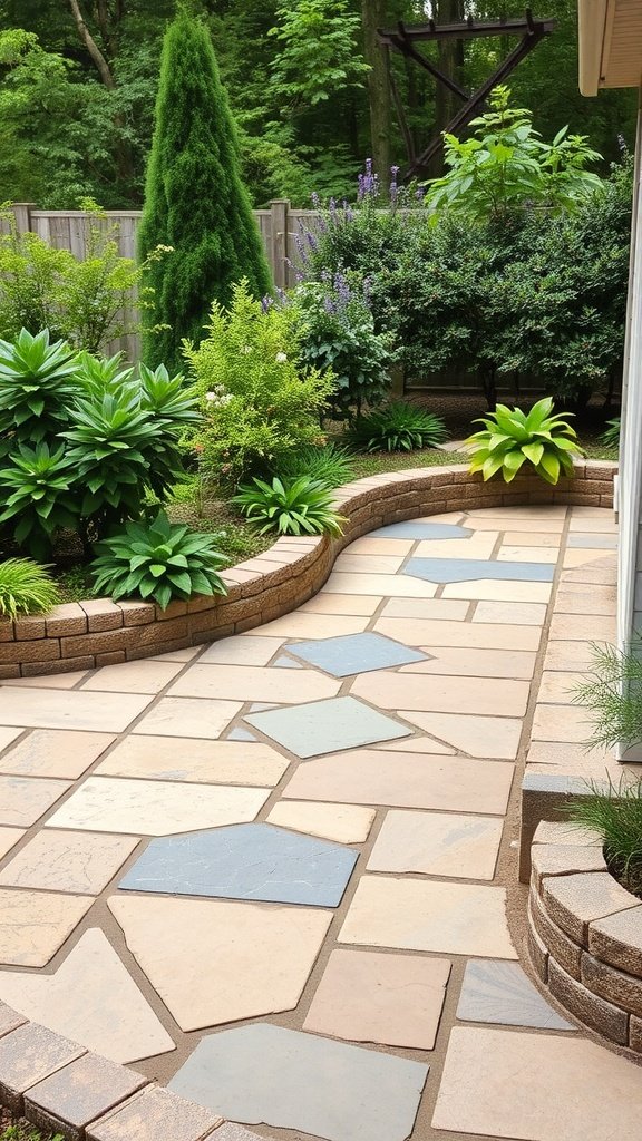 A beautifully landscaped patio featuring natural stone pavers and lush greenery.