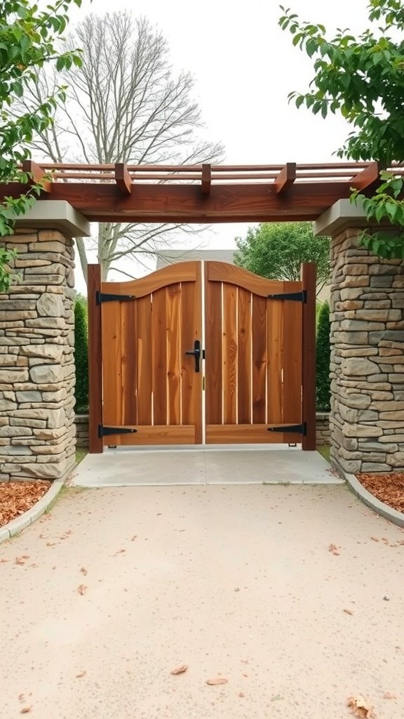 Wooden gate supported by natural stone pillars at a farmhouse entrance