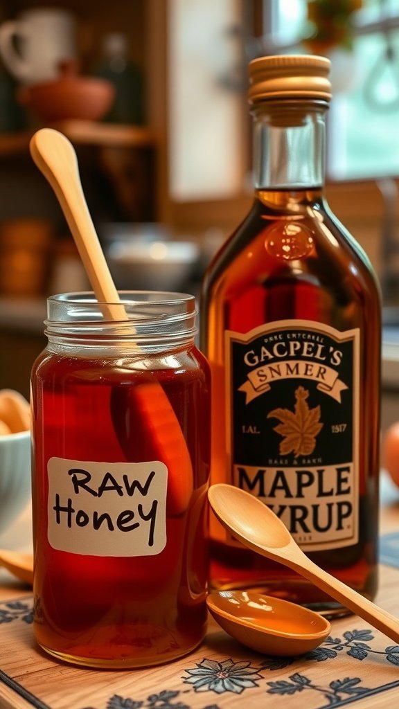 A jar of raw honey and a bottle of maple syrup alongside wooden spoons on a kitchen counter.