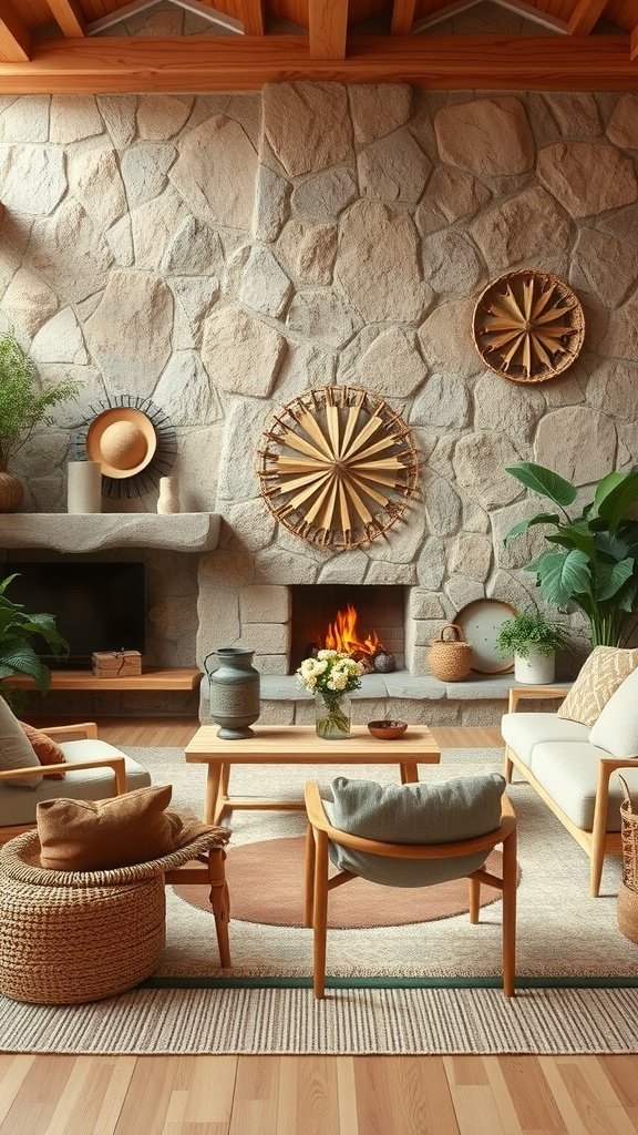 A cozy living room featuring a stone wall, wooden beams, plants, and comfortable seating.