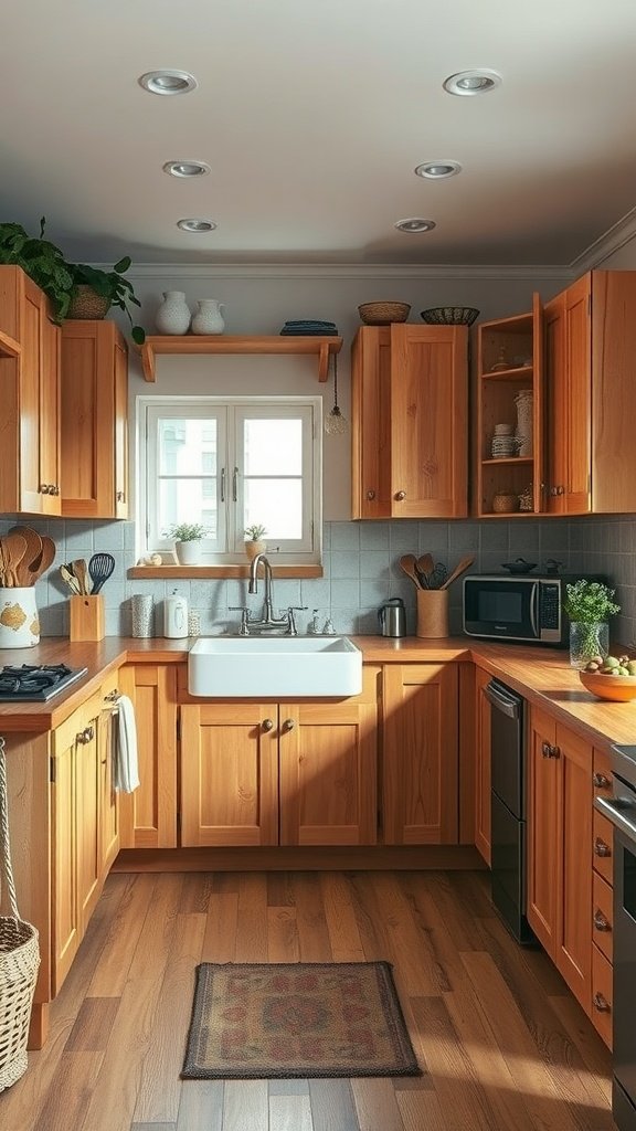 A cozy kitchen featuring natural wood cabinets and accents, with a window and a sink.