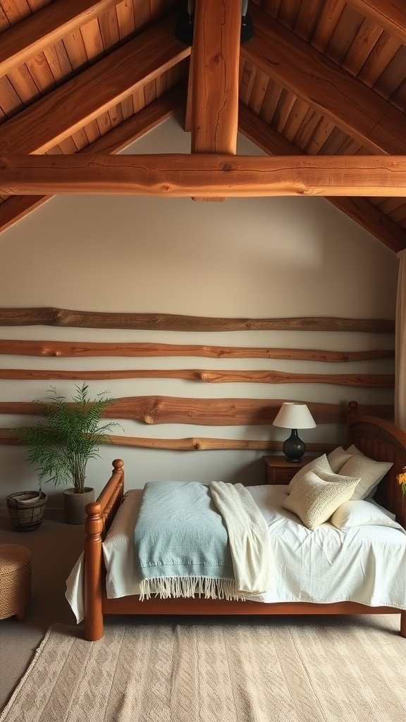 A cozy bedroom featuring natural wood beams and rustic decor.