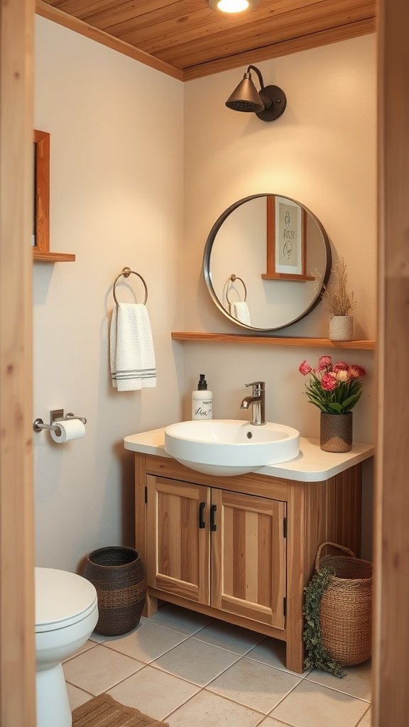 A beautifully designed half bathroom featuring natural wood elements.