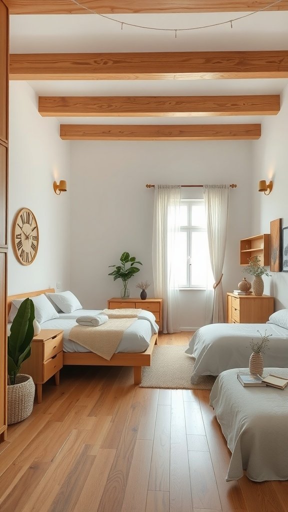 A rustic bedroom featuring natural wood elements, warm tones, and green walls.