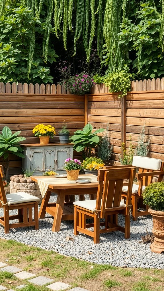 A cozy outdoor area featuring a wooden table and chairs surrounded by greenery, perfect for boho décor.
