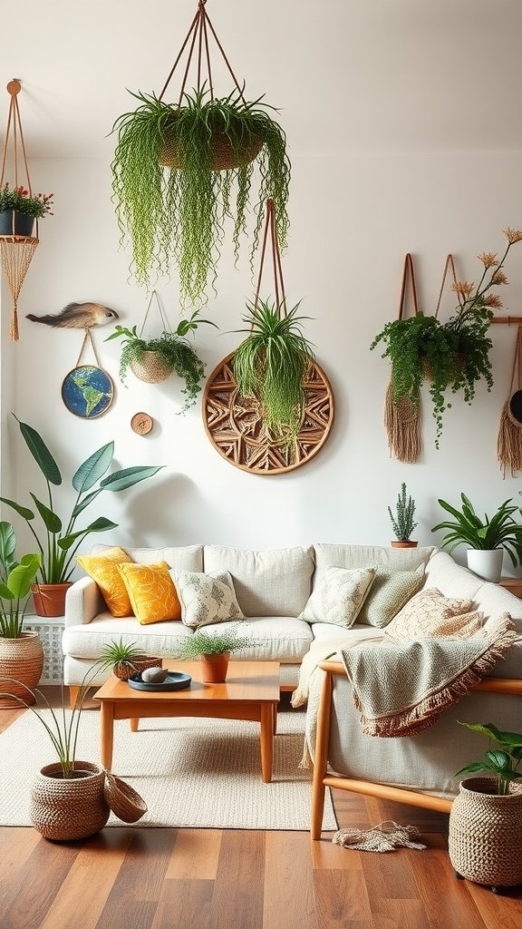 A colorful boho living room with plants and cozy decor.