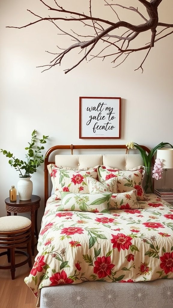 A cozy bedroom with floral bedding and decorative plants, inspired by nature.