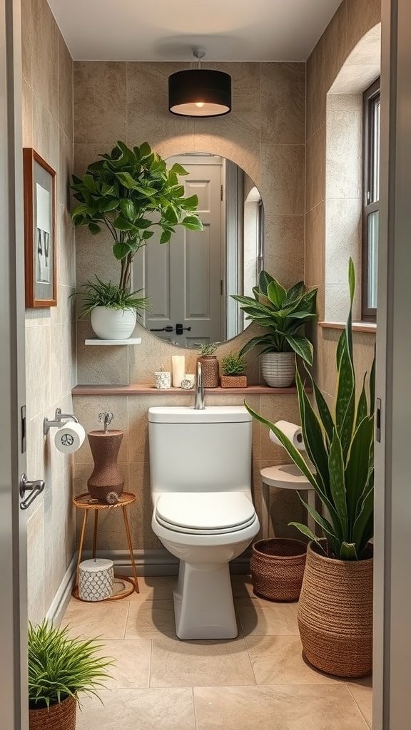 A stylish half bathroom featuring various plants and natural decor elements