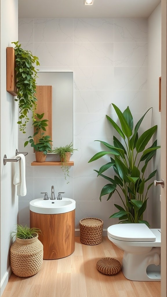 A small half bathroom featuring plants, natural wood accents, and a clean design.
