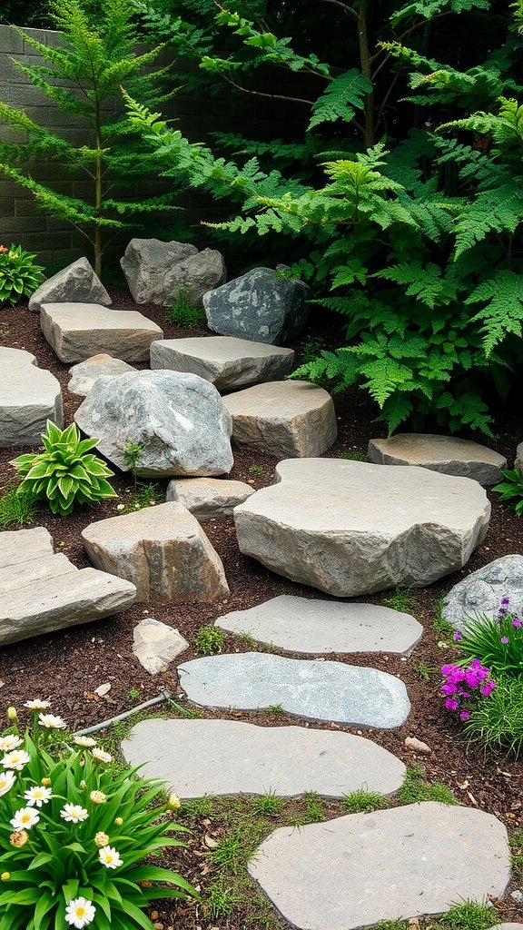 Natural rock seating area in a garden with flowers and greenery.