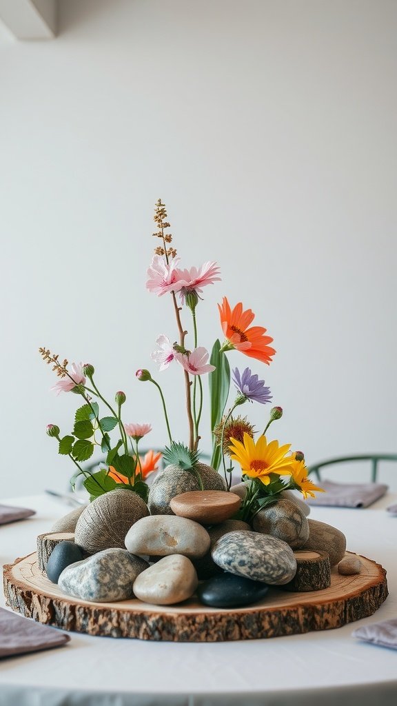 A nature-inspired table centerpiece featuring colorful flowers on a bed of rocks.