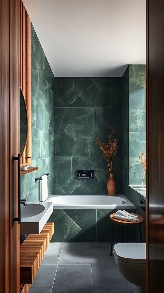 A stylish dark green bathroom featuring emerald walls, wooden accents, and modern fixtures.