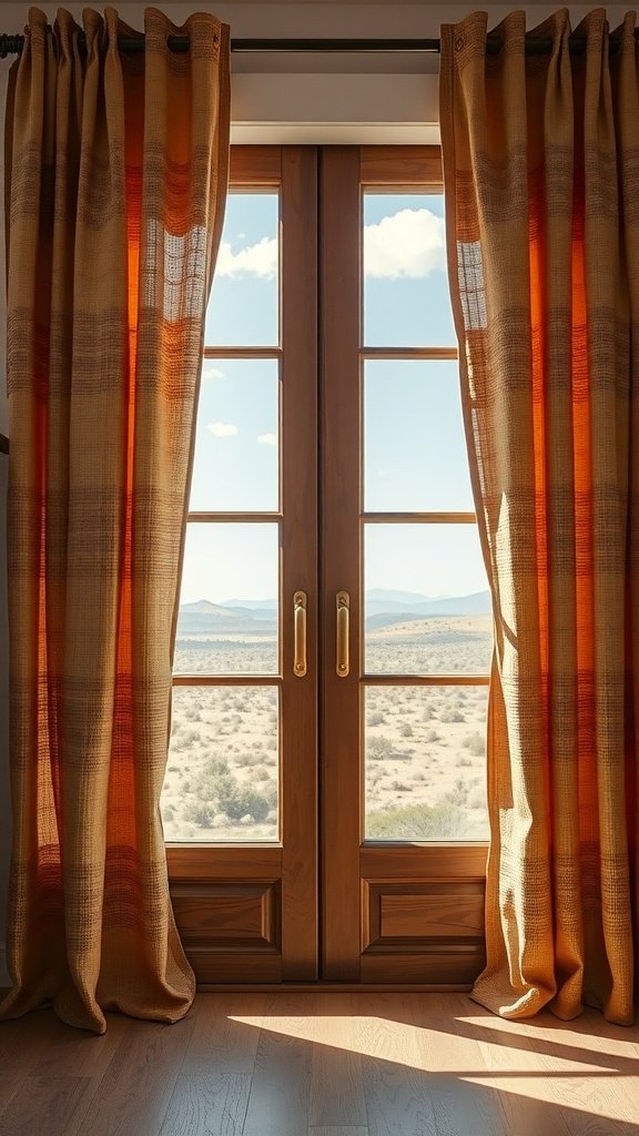 Warm-toned curtains framing a beautiful view of the outdoors.