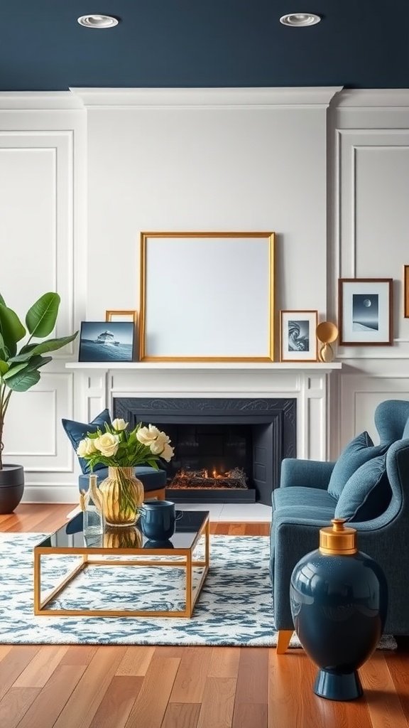 A stylish living room featuring navy blue and gold decor elements.
