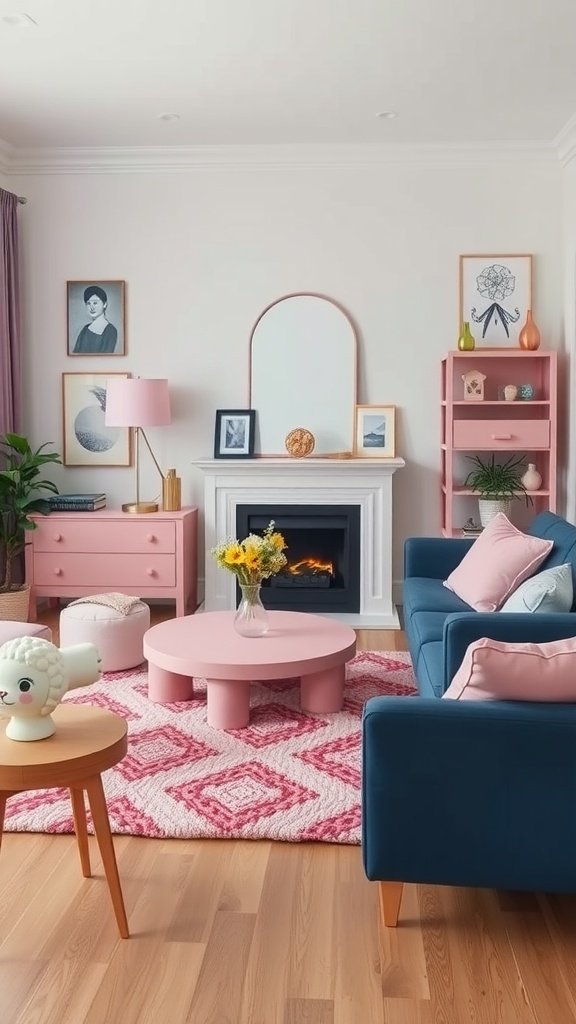 A navy blue living room featuring pink accents, including a coffee table and cushions.